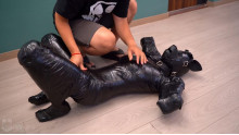 ガムテープをミイラ人型犬

